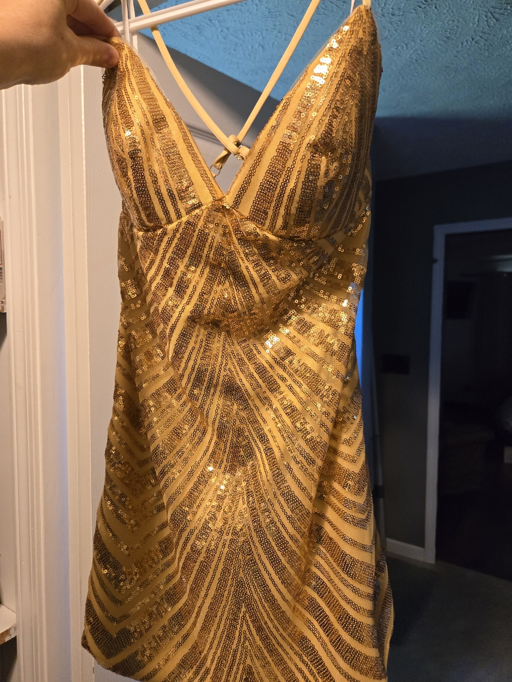 Gold Sequin V-Neck Women's Dress
